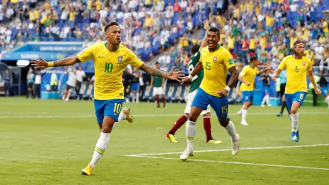 July 2, 2018 Brazil"s Neymar celebrates scoring their first goal