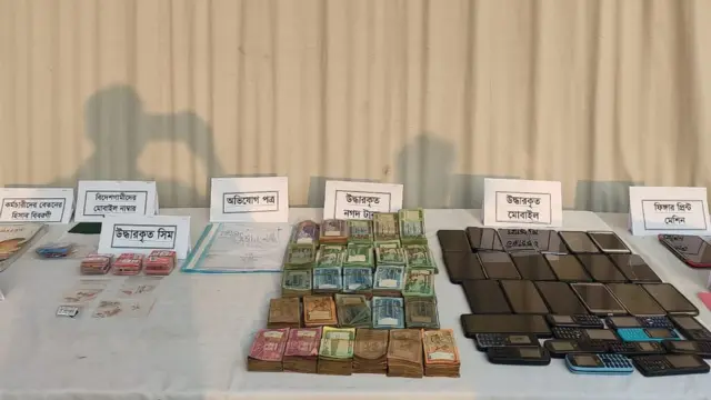 জব্দ করা মোবাইল ফোন ও অন্যান্য সরঞ্জামাদি।