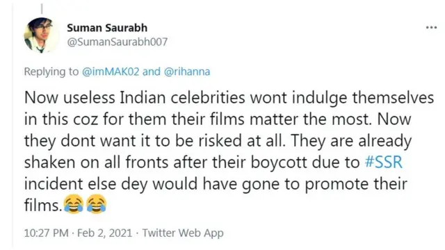 ریحانہ ٹویٹ ردعمل