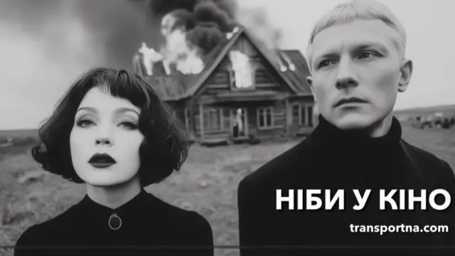 Жінка та чоловік в темних речах на фоні будинку, що горить - усе в чорно-білих тонах, обкладинка від YouTube-промо