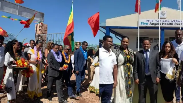 ወይዘሮ ሄለን ወረደ ኣብ እዋን ስነ ስርዓት ምረቓ ማእከል ጥዕና 'ፋይቭ ኤንጅልስ' ምስ ሓላፊ ቢሮ ጥዕና ትግራይ ዶክተር ሓጎስ ጎደፋይን ካልኦት ዕዱማት እቲ ዕለትን