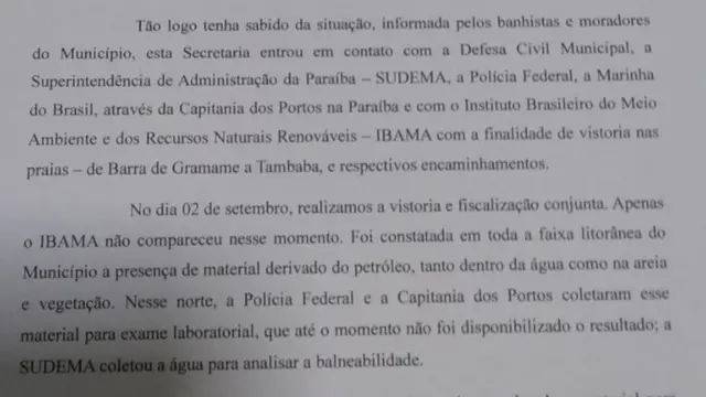 Carta que a Secretaria Municipal do Meio Ambienteaposta pixConde (PB) enviou para o Ibama