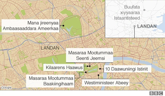 Map showing key locations for Mr Trump's visit