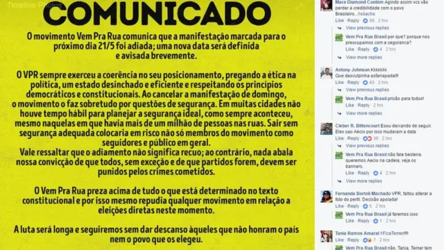 Comunicado do Vem Pra Rua Publicado no Facebook