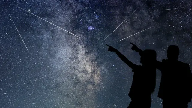 Pareja a oscuras señalando cielos estrellados.