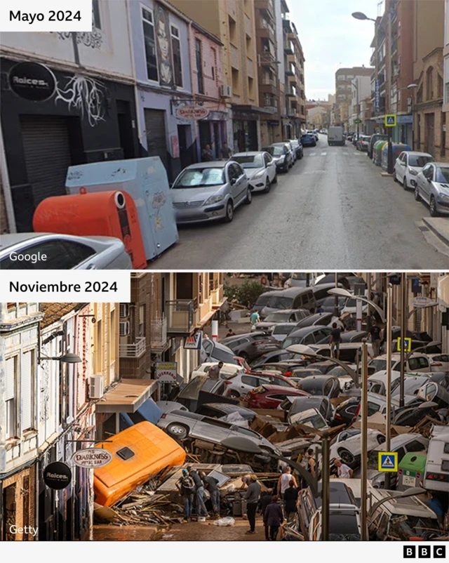 Calles de Valencia, en mayo de 2024 y noviembre de 2024.