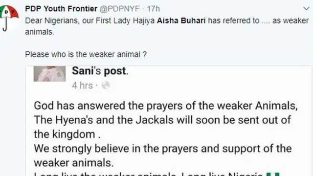 Jam'iyyar PDP ma ta wallafa a Twitter cewa 'yan Najeriya su fahimci Aisha Buhari ta kira su dabbobi marasa karfi