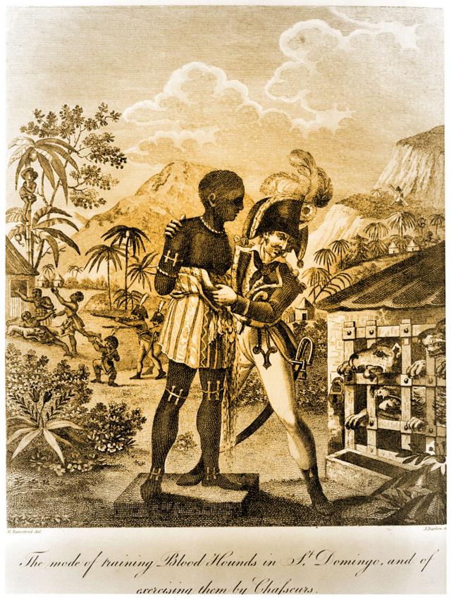 gravura mostra homem branco com uma escrava