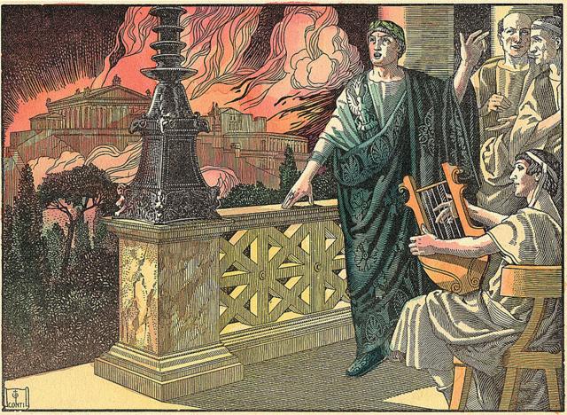 Ilustração mostra Nero observando Roma em chamas