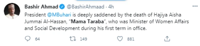 Aisha Alhassan "Mama Taraba" dies: [Buhari former 'Minister' of Women Affairs don die]