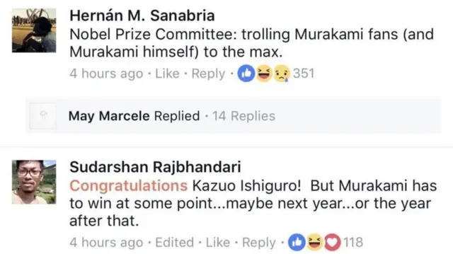 노벨상 위원회 페이스북 페이지에는 하루키 열성 팬들을 겨냥한 글들도 올라왔다.
