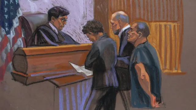Ilustración de una audiencia de Joaquín Guzmán