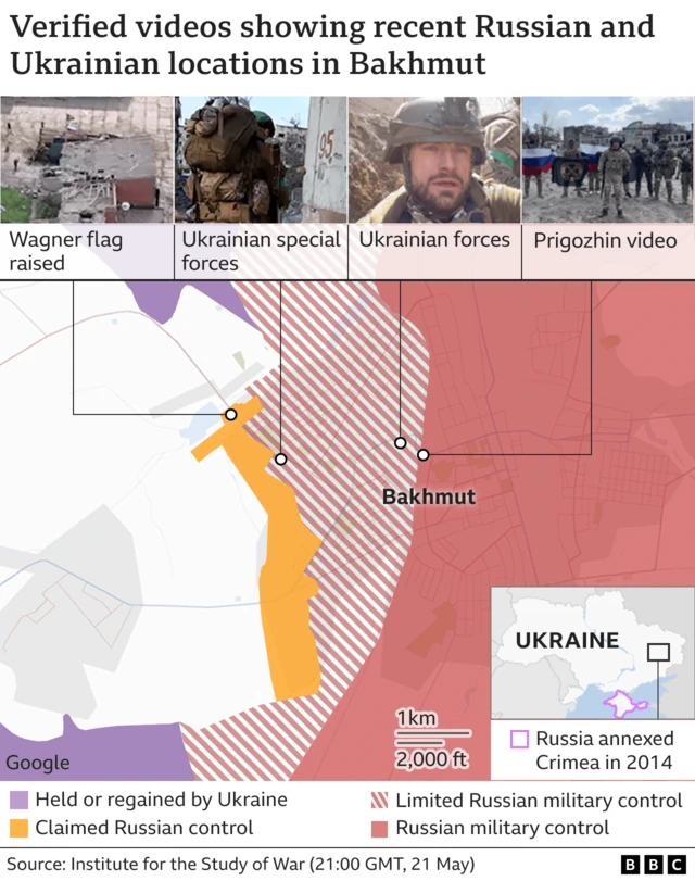 Map based on data by ISW showing control areas over the city of Bakhmut in Ukraine, displaying almost complete Russian control, with small areas in the west of the city still under the control of Ukrainian forces. The map also shows recently released videos from both Russian and Ukrainian forced geolocated by BBC Verify in the city, but the claimed timing of the video recordings has not been determined. As such, the videos could be older than claimed.