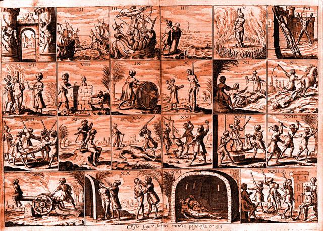 "22 torturas diferentes infligidas a esclavos cristianos en los Estados de Berbería del norte de África en el siglo XVII". Publicación original: De 'Histoire de Barbarie', publicada en 1637.