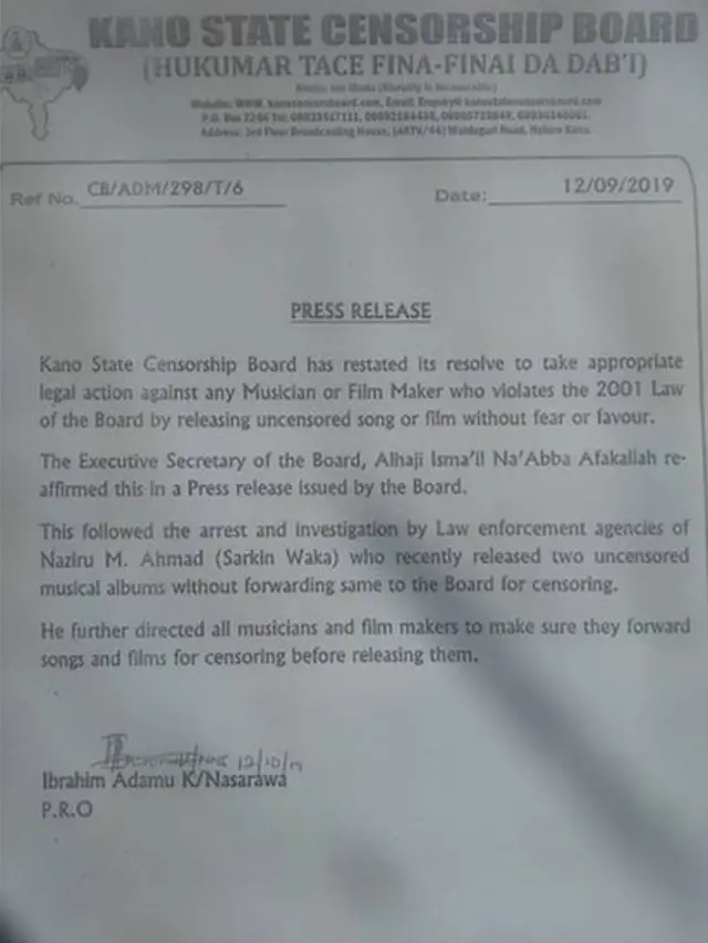 Sanarwa daga hukumar tace fina-finai ta jihar Kano