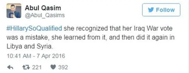 Tweet by Abul Qasim about Hillary Clinton voting for the war in Iraq