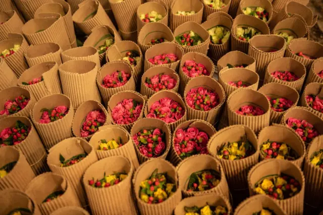 Packaged roses sit at Wildfire Flowers on 12 February 2019 in Naivasha, Kenya.