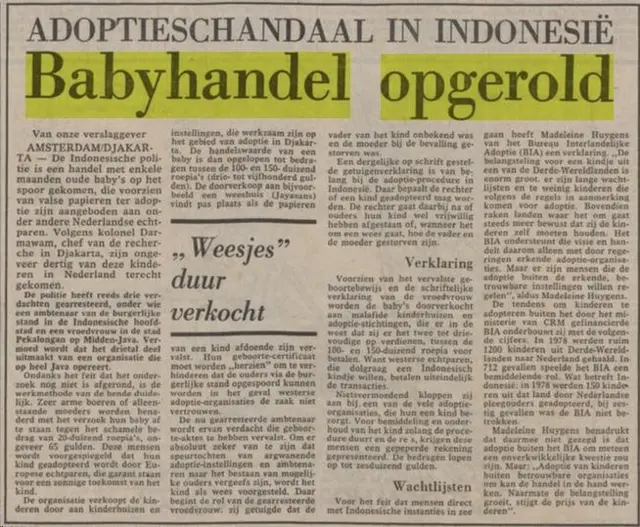 Surat kabar Belanda pada 8 Juli 1979 mengungkap apa yang disebut skandal adopsi di Indonesia