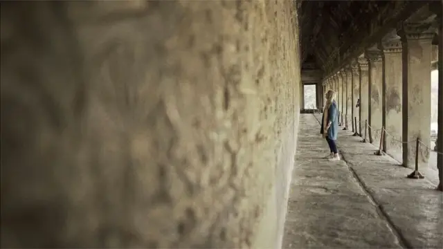 Presenter Mary Beard inside of Angkor Wat, Siem Reap, Cambodia
