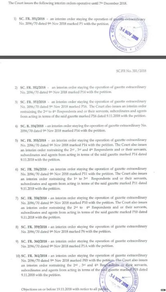 පසුගිය නොවැම්බර් 13 වෙනි දින ශ්‍රේෂ්ඨාධිකරණය නිකුත් කළ අතුරු නියෝගය