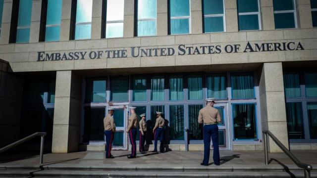 Marines guard the entrance to the US embassy in Havana, Cuba