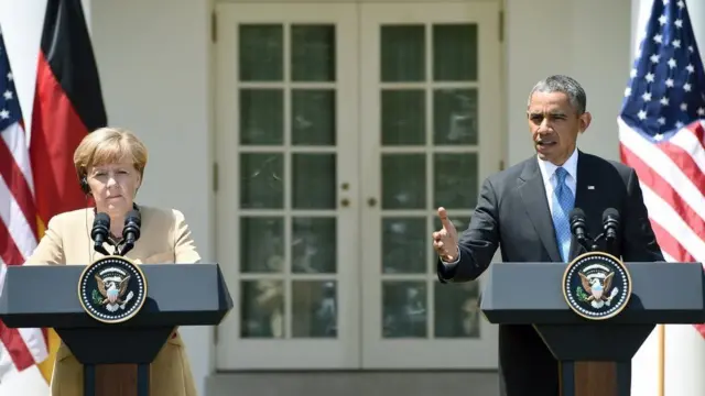 Bw Obama na Bi Merkel wakihutubia wanahabari