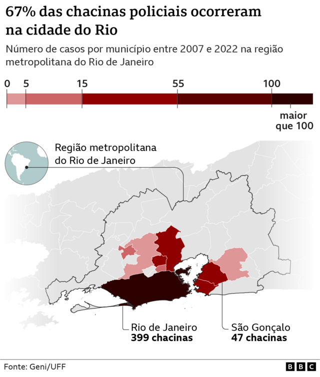 Mapa da região metropolitana do Rio com cidades destacada por númerosporting bet 365chacinas: destaque para Riosporting bet 365Janeiro (399 chacinas) e São Gonçalo (47)