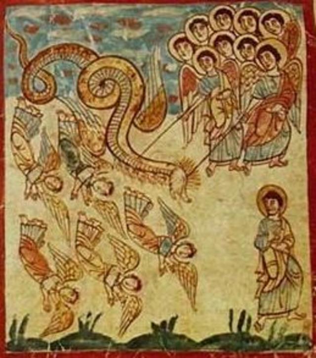 Facsimile de gravura da Idade Média ilustra luta do Arcanjo Miguel contra anjos rebeldes