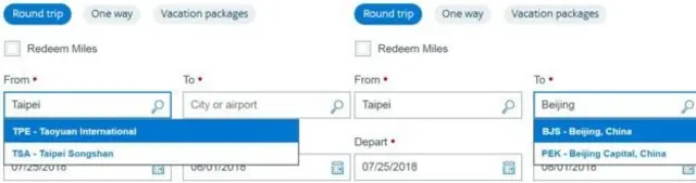 Trang web American Airlines dùng chữ Taipei (Đài Bắc)