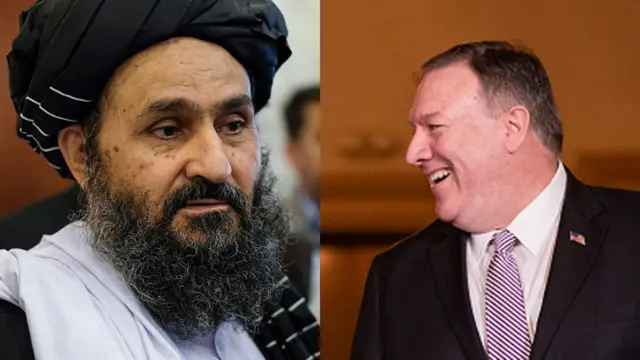 پمپیو (ښی) او ملا عبد الغني برادر