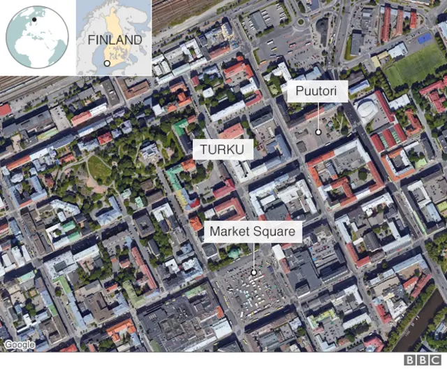 Bản đồ cho thấy Market Square và Puutori ở Turku