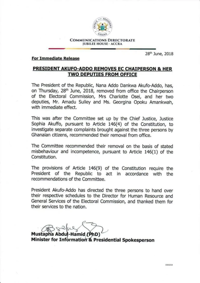 letter wey Akufo Addo tak sack Electoral commission Boss