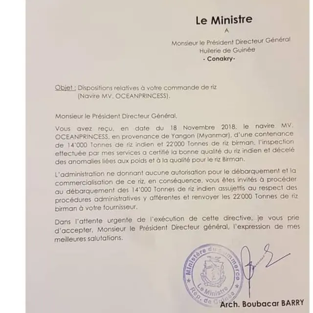 La qualité du riz transporté par le navire Oceanprincess ne rassure pas le ministre guinéen du Commerce.