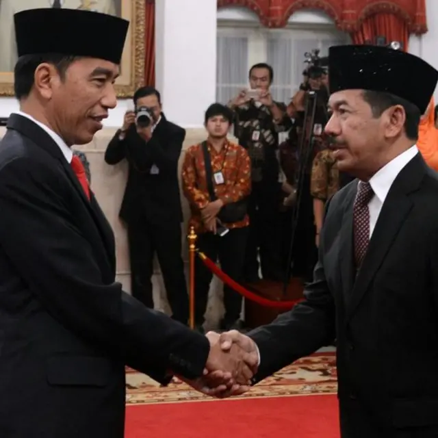 Pelantikan Ketua Badan Siber dan Sandi Negara (BSSN) Mayjen TNI Purn Djoko Setiadi di Istana Kepresidenan, Rabu (3/1).