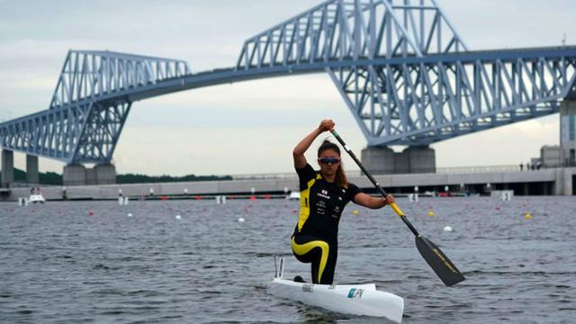 Teruko Kiriake of Japan goes to the start position at the Women's Canoe Single 200m final B during a canoe sprint test event for the Tokyo 2020 Olympic and Paralympic Games at Sea Forest Waterway