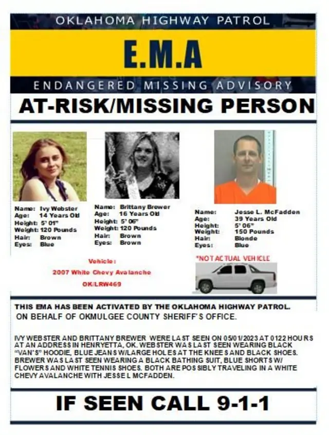 An endangered missing persons advisory shows images of missing girls and convicted felon.
