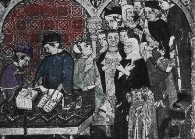 Banqueros italianos medievales contando sus bienes y atendiendo gente