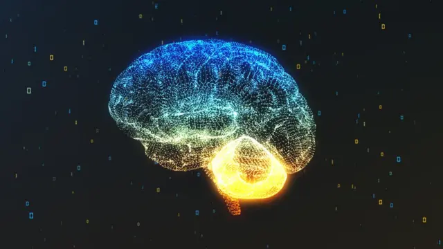 Uma a digital brain in profile, floating in a cloud of numerical information