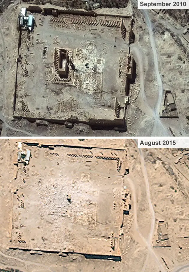 Temple of Bel before and after its destruction by IS