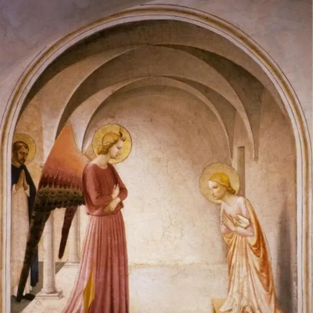 फ़्रा एंग्लिको ने जिबरील को गुलाबी रंग में दर्शाया