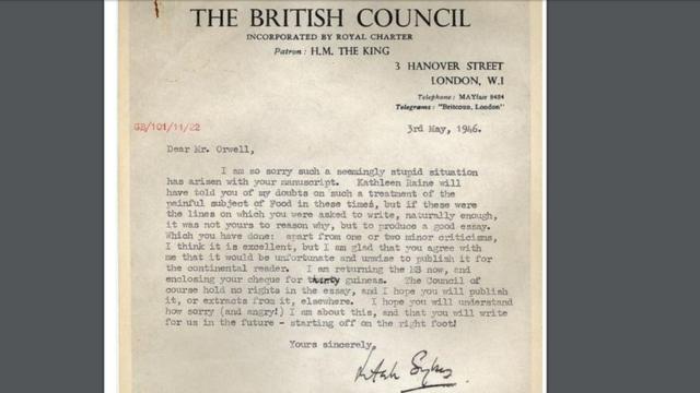英国文化协会1946年给奥维尔的退稿通知