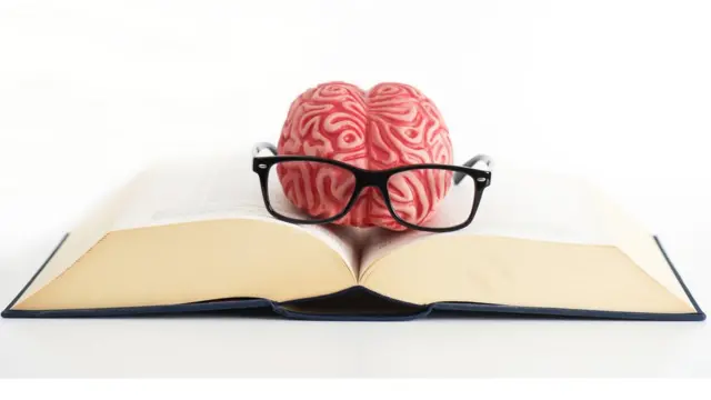Cerebro con gafas sobre libro