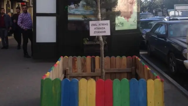 Разноцветный заборчик вокруг тонкого деревца. К деревцу прикреплена надпись на азербайджанском языке: "Бросишь сюда, навредишь своему отцу"