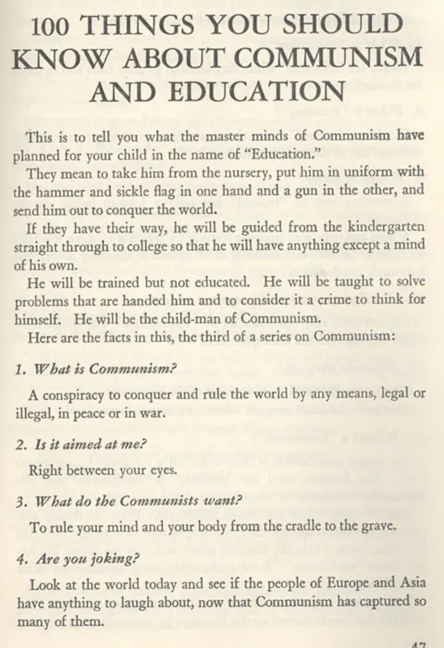 Primeira página do livreto '100 coisas que você deve saber sobre o comunismo e a educação', publicadonovibet saque demora1948, nos Estados Unidos