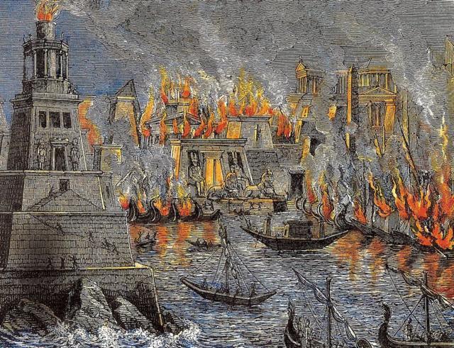 Biblioteca de Alexandria em chamas