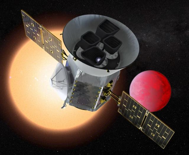 ภาพจำลองกล้องโทรทรรศน์อวกาศ TESS ซึ่งอยู่ด้านหน้าดาวเคราะห์ที่โคจรรอบดาวฤกษ์ขนาดเล็ก