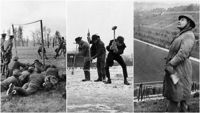 (left to right) Soldiers play football in 1915, groundsmen break ice on a pitch in 1963, an air warden at a ground in 1940