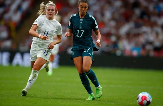 Две футболистки на поле с мячом