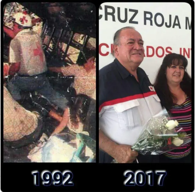 Foto del interior del bus y foto del encuentro 25 años más tarde.