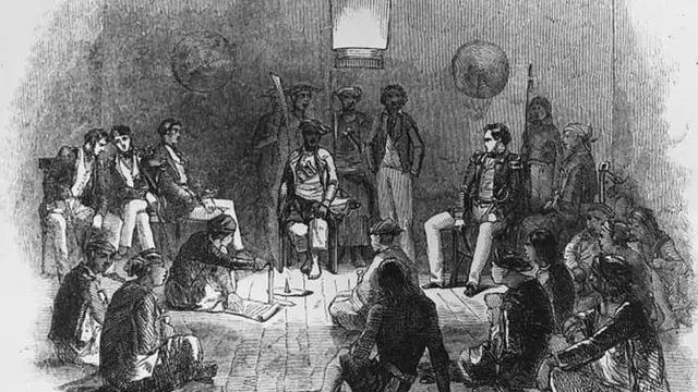 رسم لتوقيع سلطان بروناي على التنازل عن جزيرة لابوان لبريطانيا في عام 1846